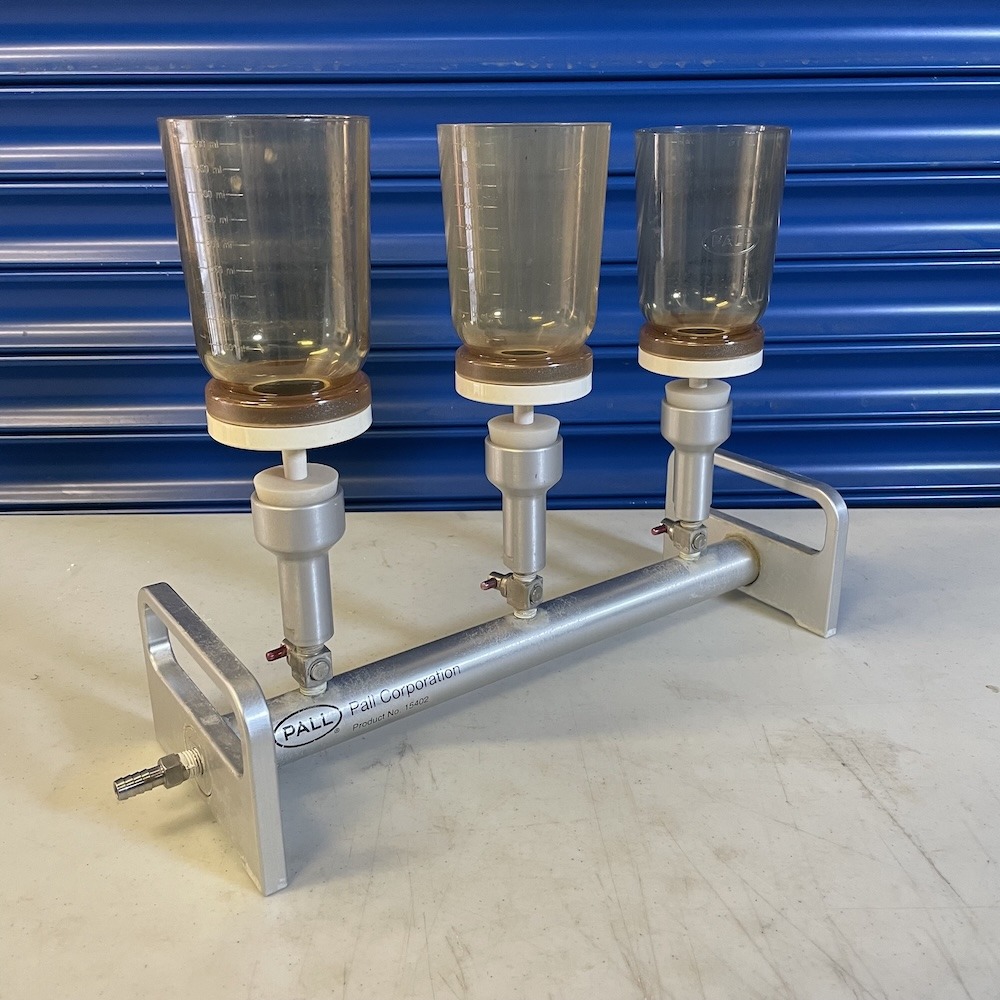 Pall Cytiva 15402 Aluminum 3-Place Vacuum Filtration Funnel Manifold & Funnels