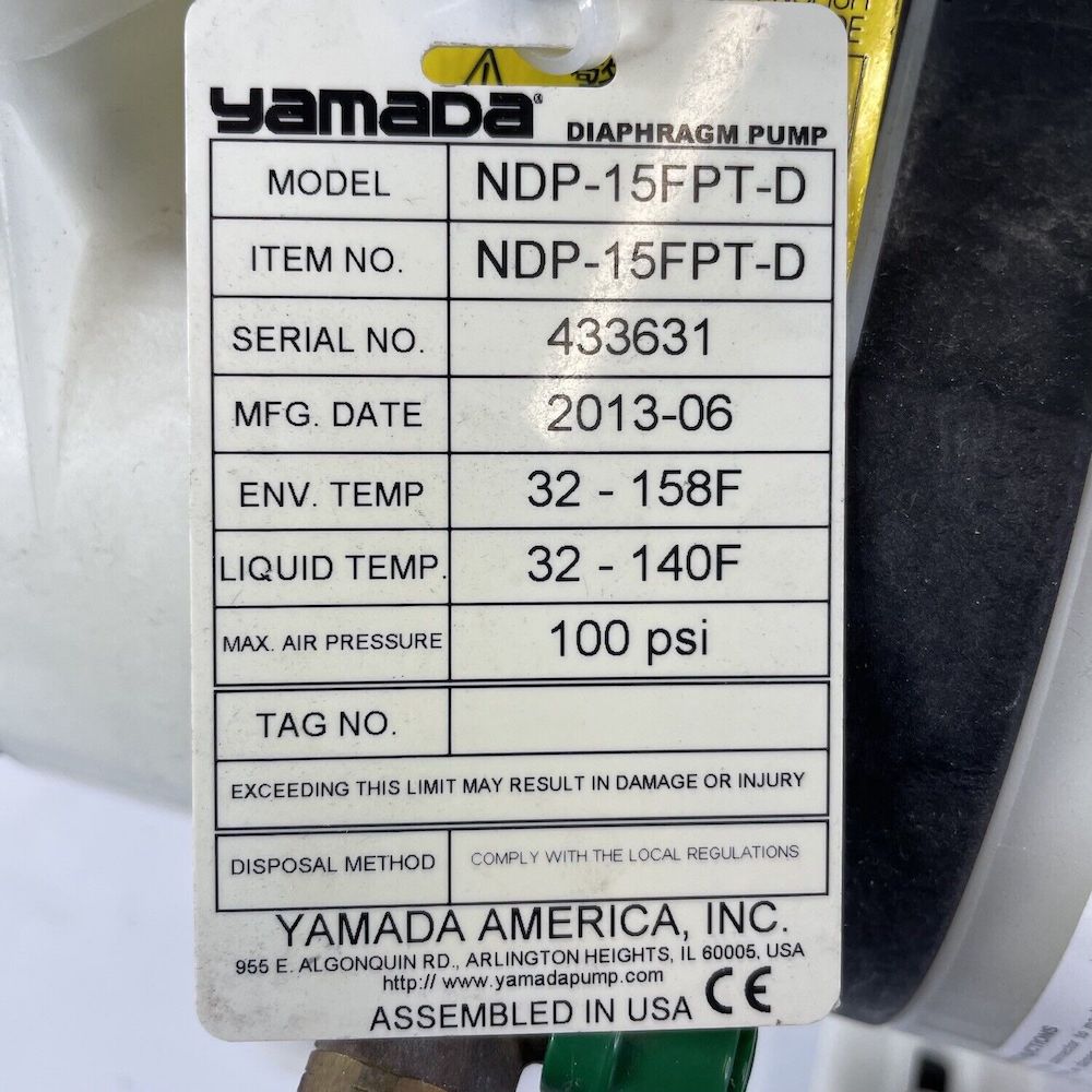 YAMADA NDP-15FPT AIR POWERED DOUBLE DIAPHRAGM AODD PUMP, image 2