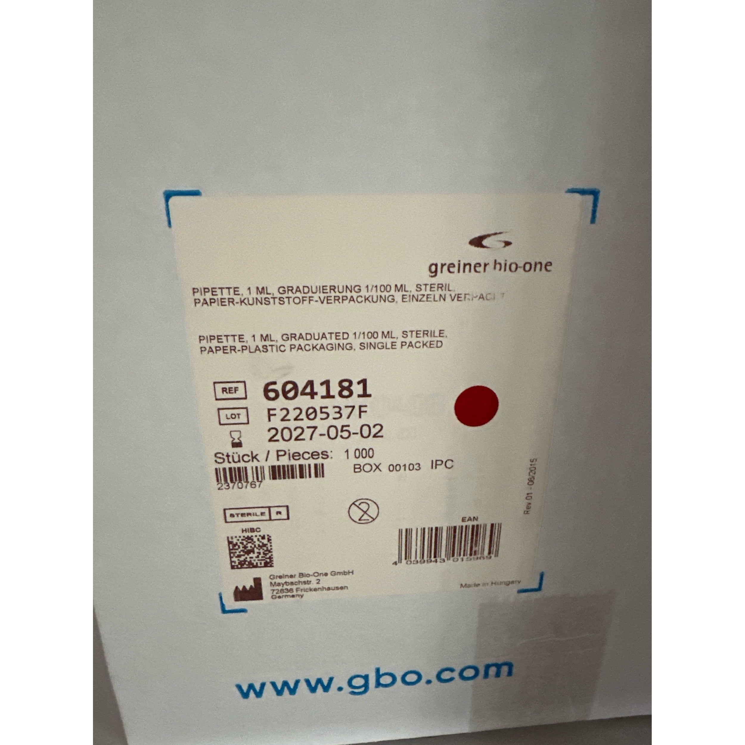 Greiner Bio-One CELLSTAR 1 ml Serological Pipettes (1000 pcs, best before 2027), image 2